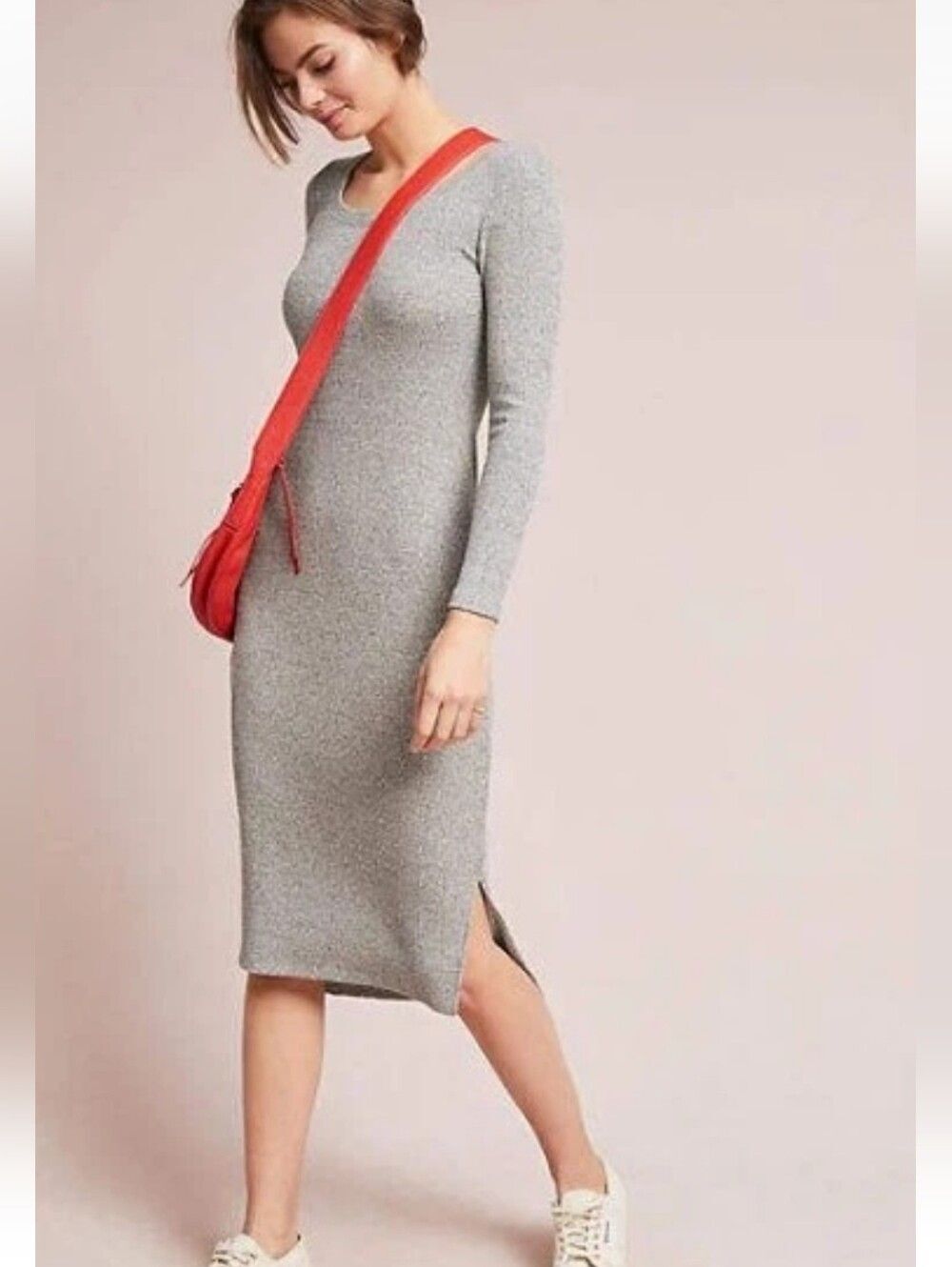 Pure + Good Anthropologie Gertrude Gray Ribbed Knit Midi Dress - Size Medium